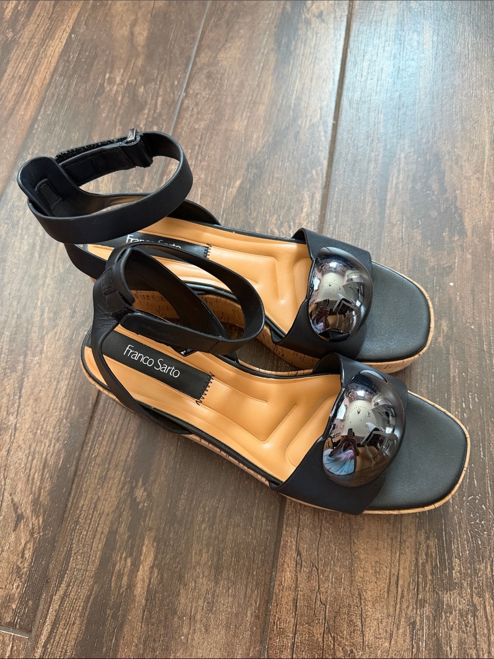 Franco Sarto Black Ankle-Strap Sandals with Glossy Toe Accent